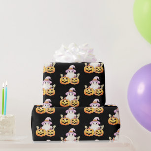 Papier Cadeau Chapeau de sorcière fantôme violet Citrouille moti