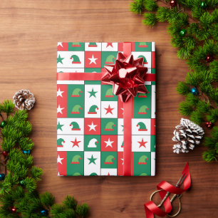 Papier Cadeau Chapeau d'elfe rouge et vert classique Motif à car