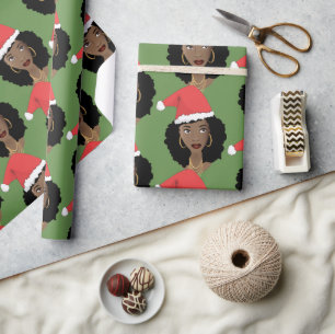 Papier Cadeau Chapeau rouge Noël, Femme noire, Vert