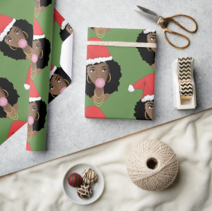 Papier Cadeau Chapeaux de Noël, Femmes noires, vert Bubblegum