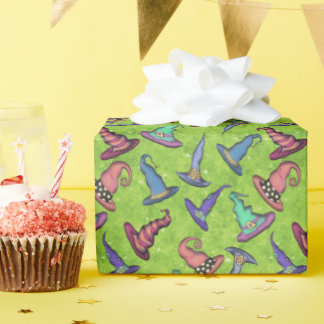Papier Cadeau Chapeaux de sorcière d'Halloween sur fond vert cit
