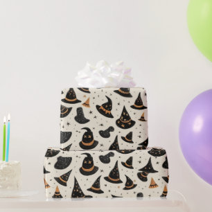 Papier Cadeau Chapeaux de sorcière noirs et dorés Étoiles Crème