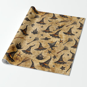 Papier Cadeau Chapeaux de sorcière vintage et balais Halloween P