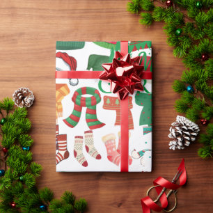 Papier Cadeau Chapeaux Écharpes & Chaussettes de Noël blancs et