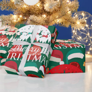 Papier Cadeau Chapeaux, écharpes et chaussettes de Noël verts et