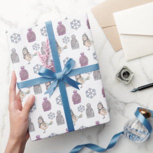Papier Cadeau Chapeaux en laine tricotés et moineaux mignons