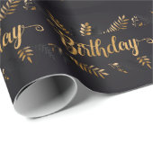 Papier Cadeau Charbon et botanique d'anniversaire de couleur or (Coin rond)