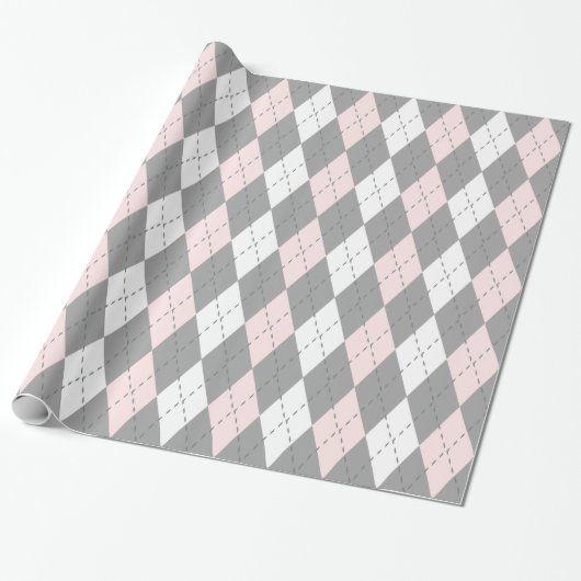 Papier Cadeau Charbon Rose Clair Gris Foncé Blanc XL Argyle (Déroulé)