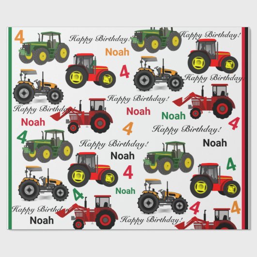 Papier Cadeau Chargeur de tracteurs Ajouter le nom du garçon Âge (Plat)