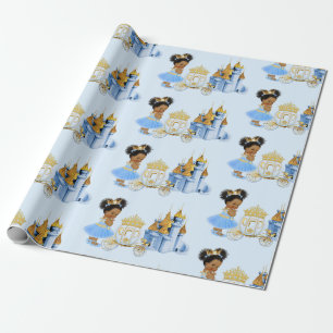 Papier Cadeau Chariot de Château de Princesse Royale Bleu Or Fil