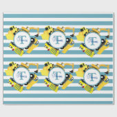 Papier Cadeau Chariots de construction Bleu rayures Monogramme (Plat)