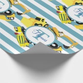 Papier Cadeau Chariots de construction Bleu rayures Monogramme (Coin)