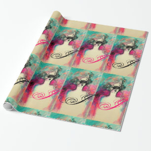 Papier Cadeau CHARME /Dame au Masque Monogramme rose Turquoise v