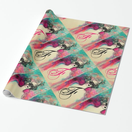 Papier Cadeau CHARME /Dame au Masque Monogramme rose Turquoise v (Déroulé)