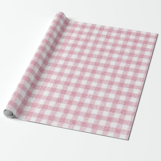 Papier Cadeau Charme Gingham Rose et Blanc Velouté (Déroulé)