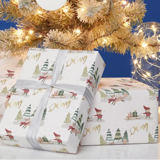 Papier Cadeau Charme Joyeux Arbres de Noël Elves Cadeaux