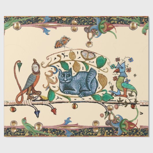 PAPIER CADEAU CHASSE BESTIAIRE MÉDIÉVALE LARGE CHAT, OISEAU ET F (Plat)