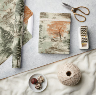 Papier Cadeau Chasse forestière moderne Toile verte de Jouy Moti