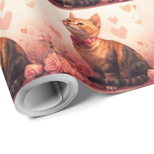 Papier Cadeau Chat abyssinien avec Rose - Saint Valentin (Coin rond)