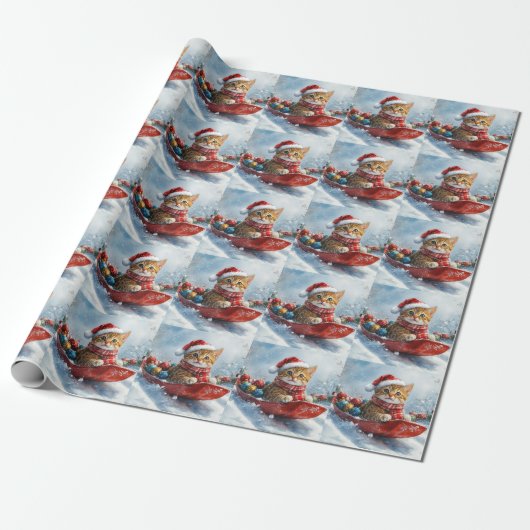 Papier Cadeau Chat abyssinien en sledge laissez-le neiger Noël (Déroulé)