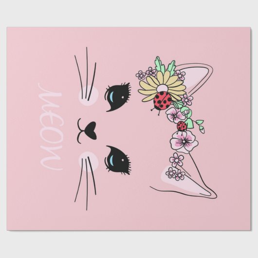 Papier Cadeau Chat adorable | Couverture de chat rose mignonne (Plat)