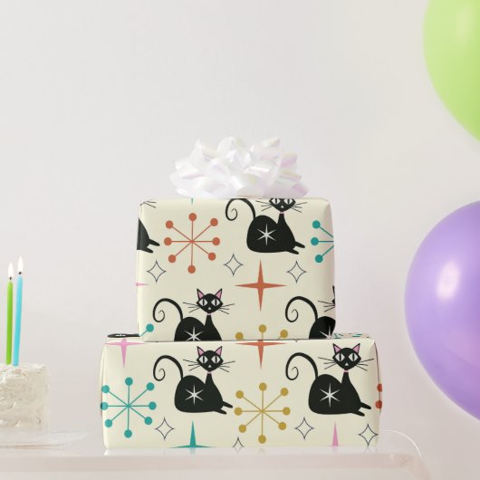 Papier Cadeau Chat atomique noir du milieu du siècle avec Starbu (Cadeaux de fête)