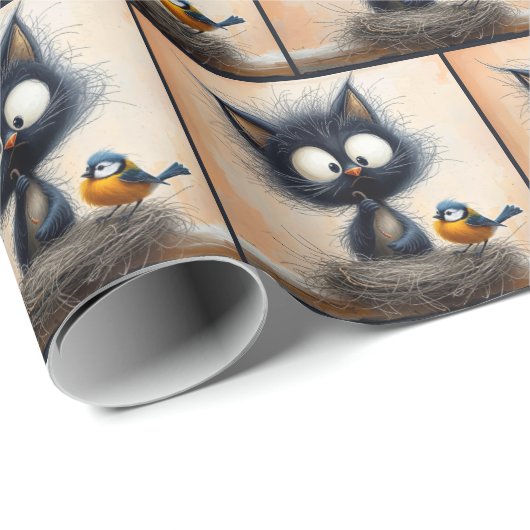 Papier Cadeau Chat aux yeux larges avec un ver pour un oiseau (Coin rond)