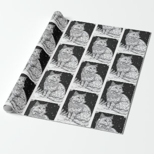 Papier Cadeau Chat avec Mandala sous le ciel étoilé