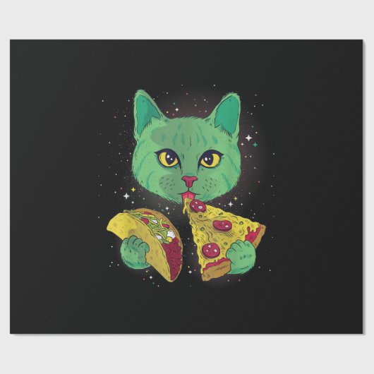 Papier Cadeau Chat Avec Pizza Slice Et Taco Dans L'Espace (Plat)