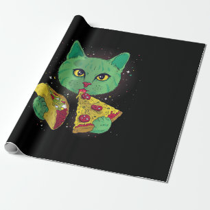 Papier Cadeau Chat Avec Pizza Slice Et Taco Dans L'Espace