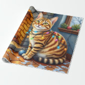 Papier Cadeau Chat Bengal devant une cheminée avec des lumières (Déroulé)