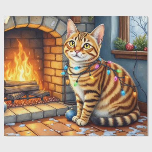Papier Cadeau Chat Bengal devant une cheminée avec des lumières (Plat)