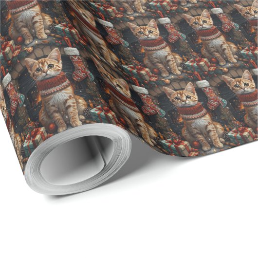 Papier Cadeau Chat Bengale Avec Foyer Cadeaux De Noël (Coin rond)