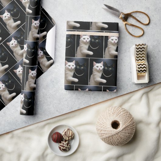 Papier Cadeau Chat blanc accroché à un chat noir (Artisanat)