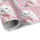 Papier Cadeau Chat blanc avec cabot rose (Coin rond)