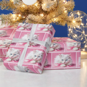 Papier Cadeau Chat Blanc Avec Rubans Roses