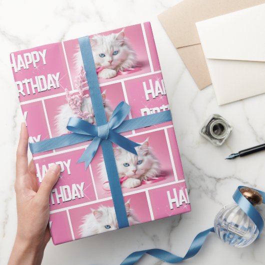 Papier Cadeau Chat Blanc Avec Rubans Roses (Cadeaux)