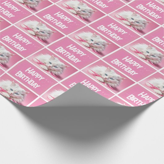 Papier Cadeau Chat Blanc Avec Rubans Roses (Coin)
