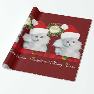 PAPIER CADEAU CHAT BLANC, CASQUETTE SANTA CLAUS ET COURONNES DE 