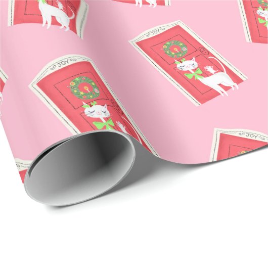 Papier Cadeau Chat blanc rétro Noël et souris (Coin rond)