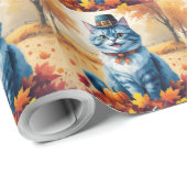 Papier Cadeau Chat Bleu Oriental À L'Automne Feuilles Thanksgivi (Coin rond)
