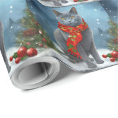 Papier Cadeau Chat bleu russe à Noël de neige (Coin rond)