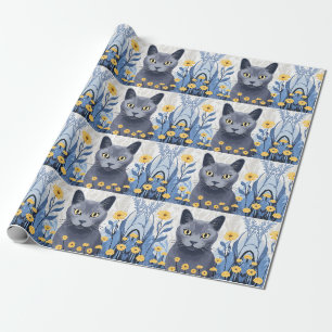 Papier Cadeau Chat Bleu Russe Fleurs Jaunes