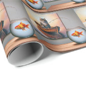 Papier Cadeau Chat dans un bateau pêche pour un poisson d'or (Coin rond)