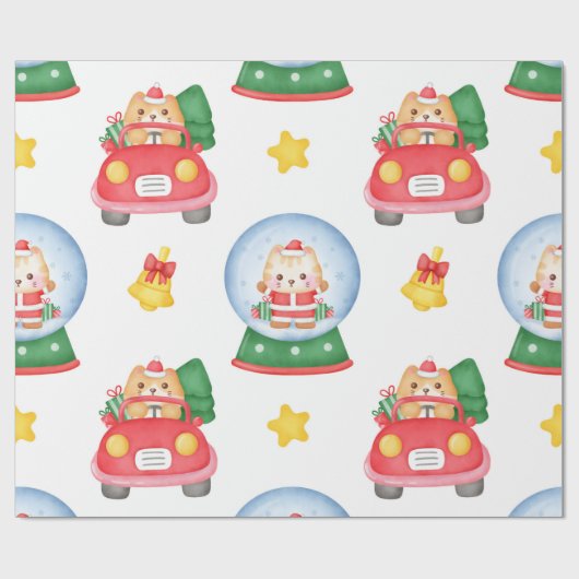 Papier Cadeau Chat de conduite et neige globe Noël (Plat)
