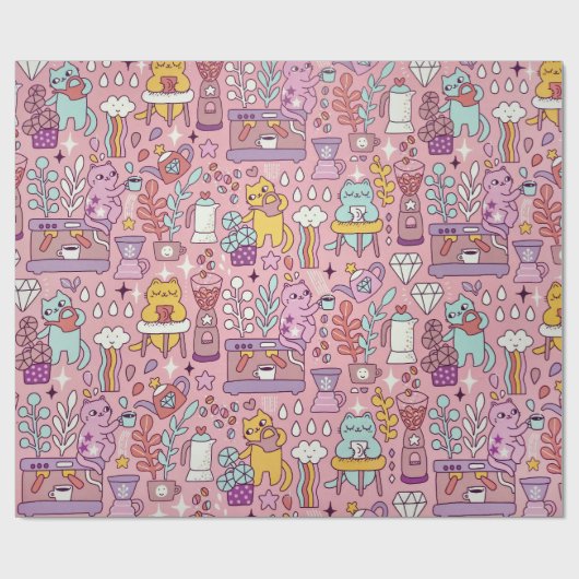 Papier Cadeau Chat De Dessin S'Amuse Sur Rose (Plat)