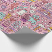 Papier Cadeau Chat De Dessin S'Amuse Sur Rose (Coin)