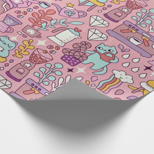 Papier Cadeau Chat De Dessin S'Amuse Sur Rose (Coin)