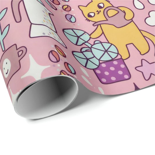 Papier Cadeau Chat De Dessin S'Amuse Sur Rose (Coin rond)