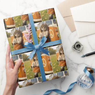 Papier Cadeau Chat de fille hippie penchée sur un Van rétro